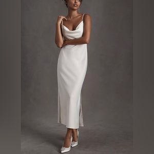 BHLDN Cali Satin Cowl-Neck Midi Slip Dress White